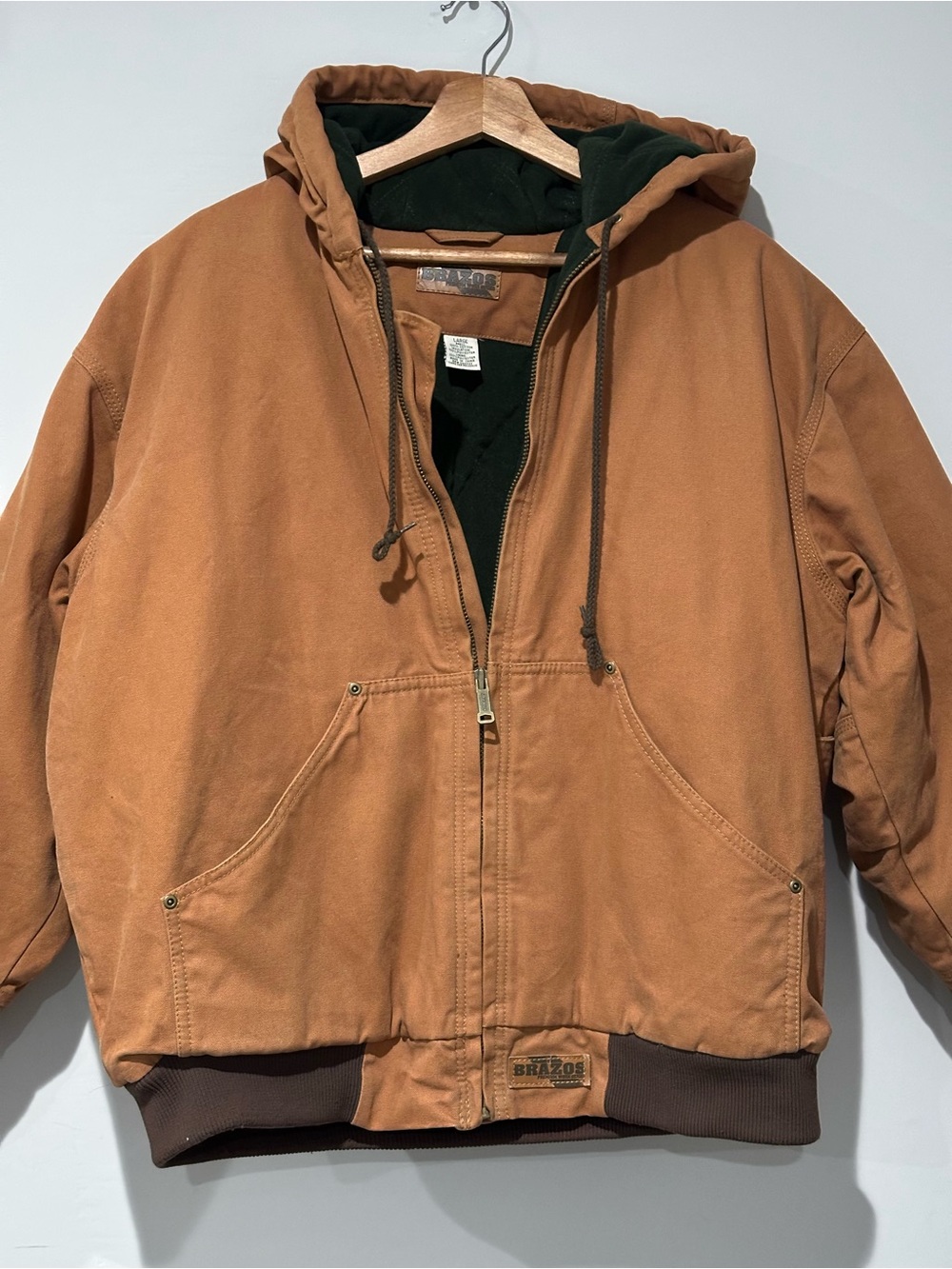 Brazos Men’s Hooded Work Jacket Large Brown Canvas Quilted Lined Full Zip